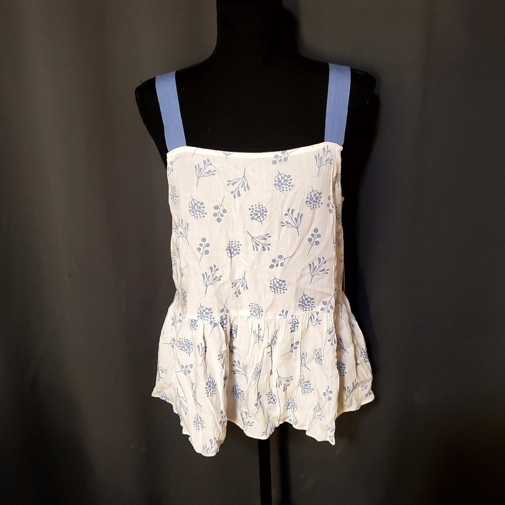 My Story Cottagecore Floral White and Blue Peplum Top With Sinched Waist NWT